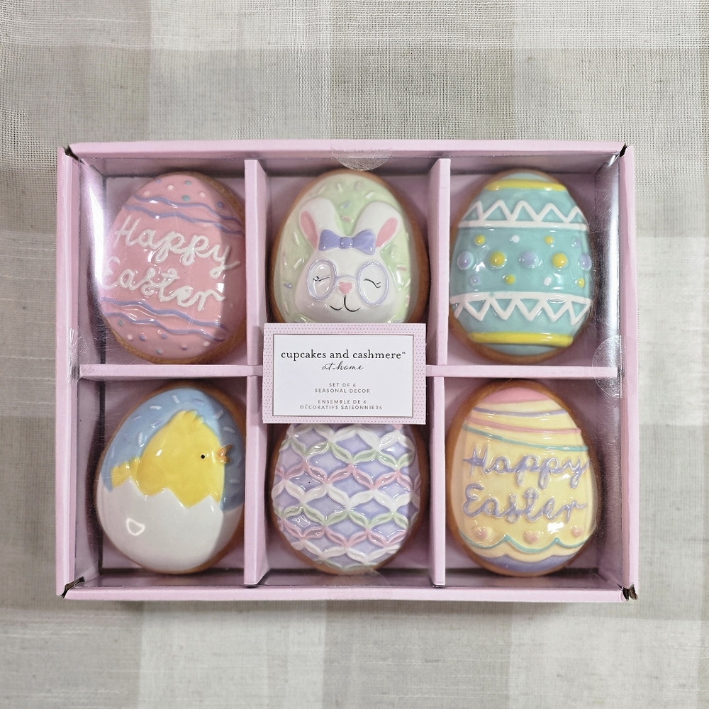 Cupcakes & Cashmere Set of 6 Ceramic Easter Egg Frosted Sugar Cookies Decor New